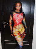 Women's Sexy Body Painting Print Round Neck Long Sleeve Tight Fitting Jumpsuit