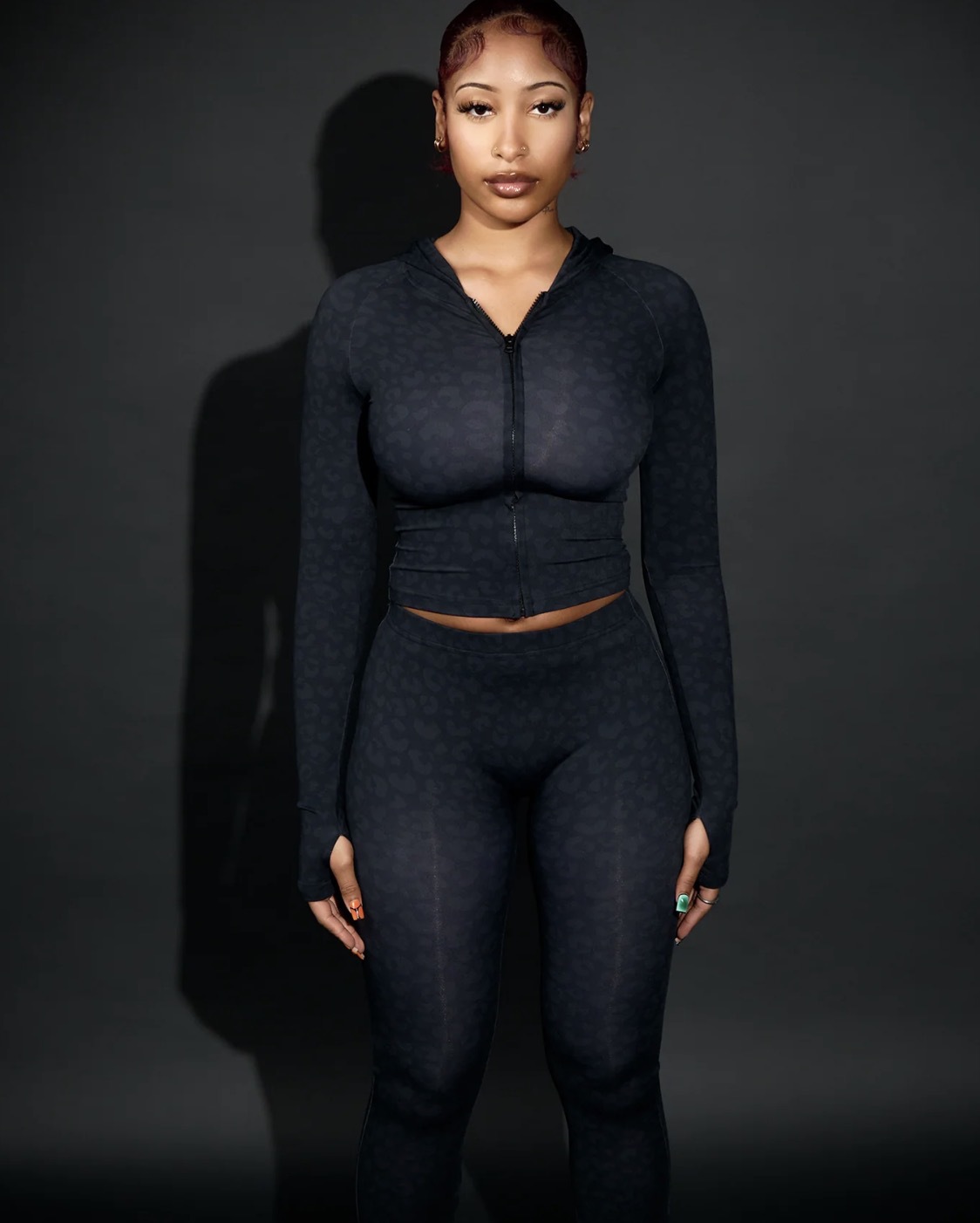 Women's Summer Long Sleeve Leopard Print Zip-Up Fingerless Glove Fashion Sexy Fitting Pants Set