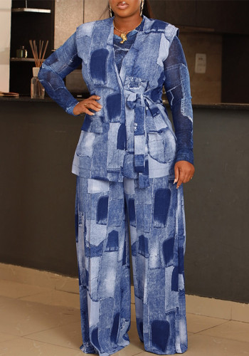 Women Colorblock Long-Sleeved Mesh Top, Vest, and Wide-Leg Pants Three-Piece Set