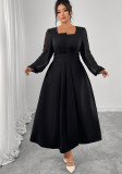 Women's Autumn Chic Long Dress High Waist Pleated Square Neck Long Sleeve Plus Size Dress