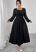 Women's Autumn Chic Long Dress High Waist Pleated Square Neck Long Sleeve Plus Size Dress
