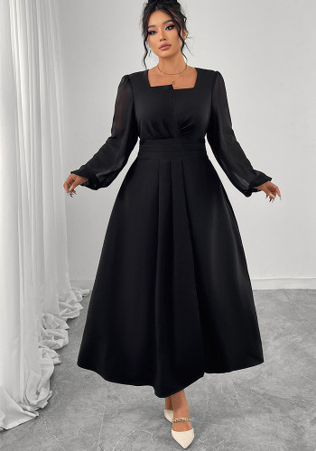 Women's Autumn Chic Long Dress High Waist Pleated Square Neck Long Sleeve Plus Size Dress