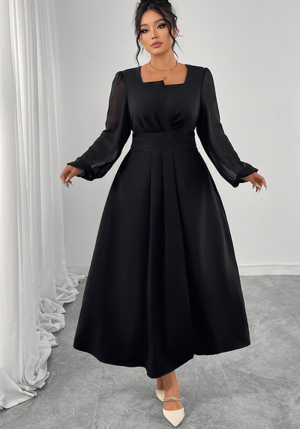 Women's Autumn Chic Long Dress High Waist Pleated Square Neck Long Sleeve Plus Size Dress