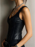Women's Sexy PU Leather Patchwork Lace Strappy Fitting Bustier Vest