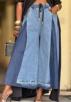 Women's Street Elastic Drawstring Pleated Color-Block Wide Leg Denim Pants