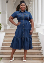 Women's Fashion Turndown Collar Short Sleeve Button-Down Pocket Long Sleeve Denim Long Dress