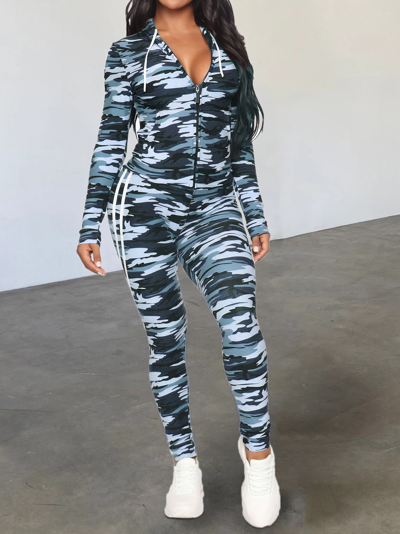 Women's Camouflage Sport Print Autumn Winter Jacket and Pants Two-Piece Set