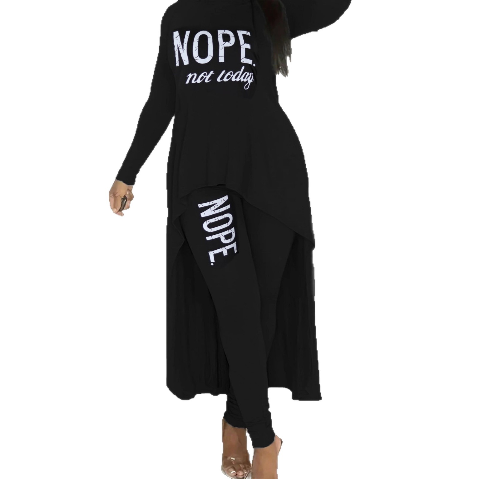 Women's Autumn Winter Letter Print Asymmetric Long Sleeve Top and Tight Fitting Pants Two-Piece Set