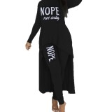 Women's Autumn Winter Letter Print Asymmetric Long Sleeve Top and Tight Fitting Pants Two-Piece Set