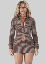 Women's Fashion Trend Color-Block Stripe Long Sleeve Turndown Collar Top Bodycon Short Skirt Set Women's Fashion Trend Color-Block Stripe Long Sleeve Turndown Collar Top Bodycon Short Skirt Set