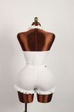 Women's Fashion Solid Color Slim Sexy Lace Detail Cropped Halter Neck Top and Shorts Set
