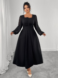 Women's Autumn Chic Long Dress High Waist Pleated Square Neck Long Sleeve Plus Size Dress