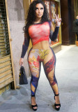Women's Sexy Body Painting Print Round Neck Long Sleeve Tight Fitting Jumpsuit