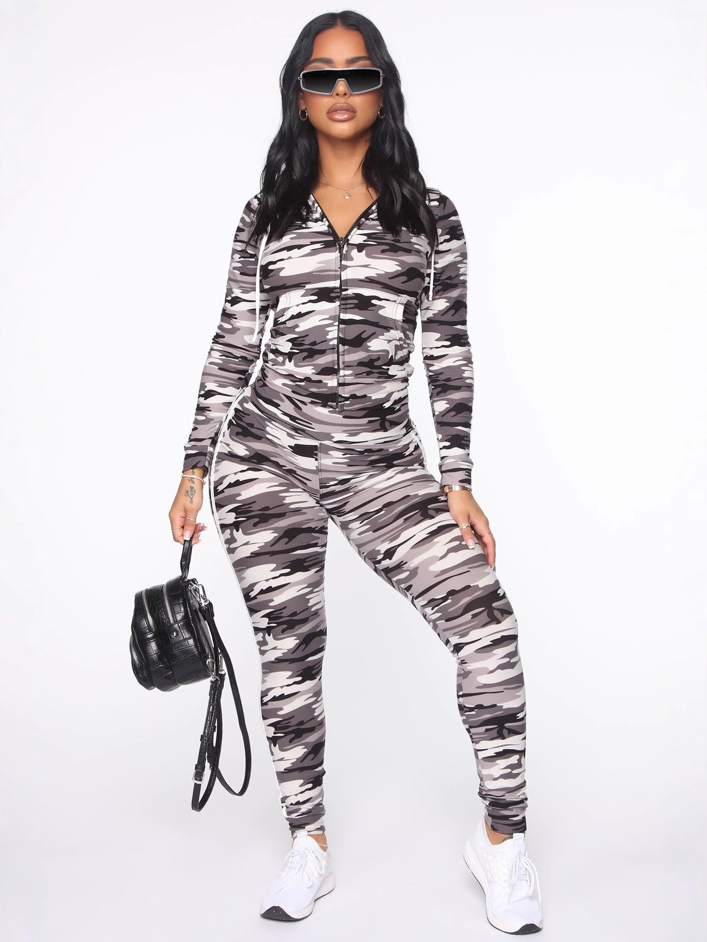 Women's Camouflage Sport Print Autumn Winter Jacket and Pants Two-Piece Set