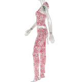 Women Printed Backless Halter Neck Top and Pants Two-Piece Set