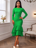 Women African Round Neck Long Sleeve Irregular Ruffle Fishtail Party Dress