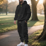 Men's Winter American Style Fleece-lined Casual Sporty Pocket Hoodies and Pant Two-Piece Set