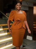 Plus Size Women Square Neck Puff Sleeve Floral Ruffle Elegant Bodycon Dress