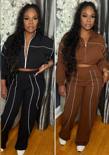 Women Color-Blocked Striped Top and Wide-Leg Pants Two-Piece Set