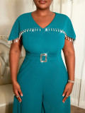 Plus Size Women Pearl Beaded V-Neck Short Sleeve Wide-Leg Jumpsuit