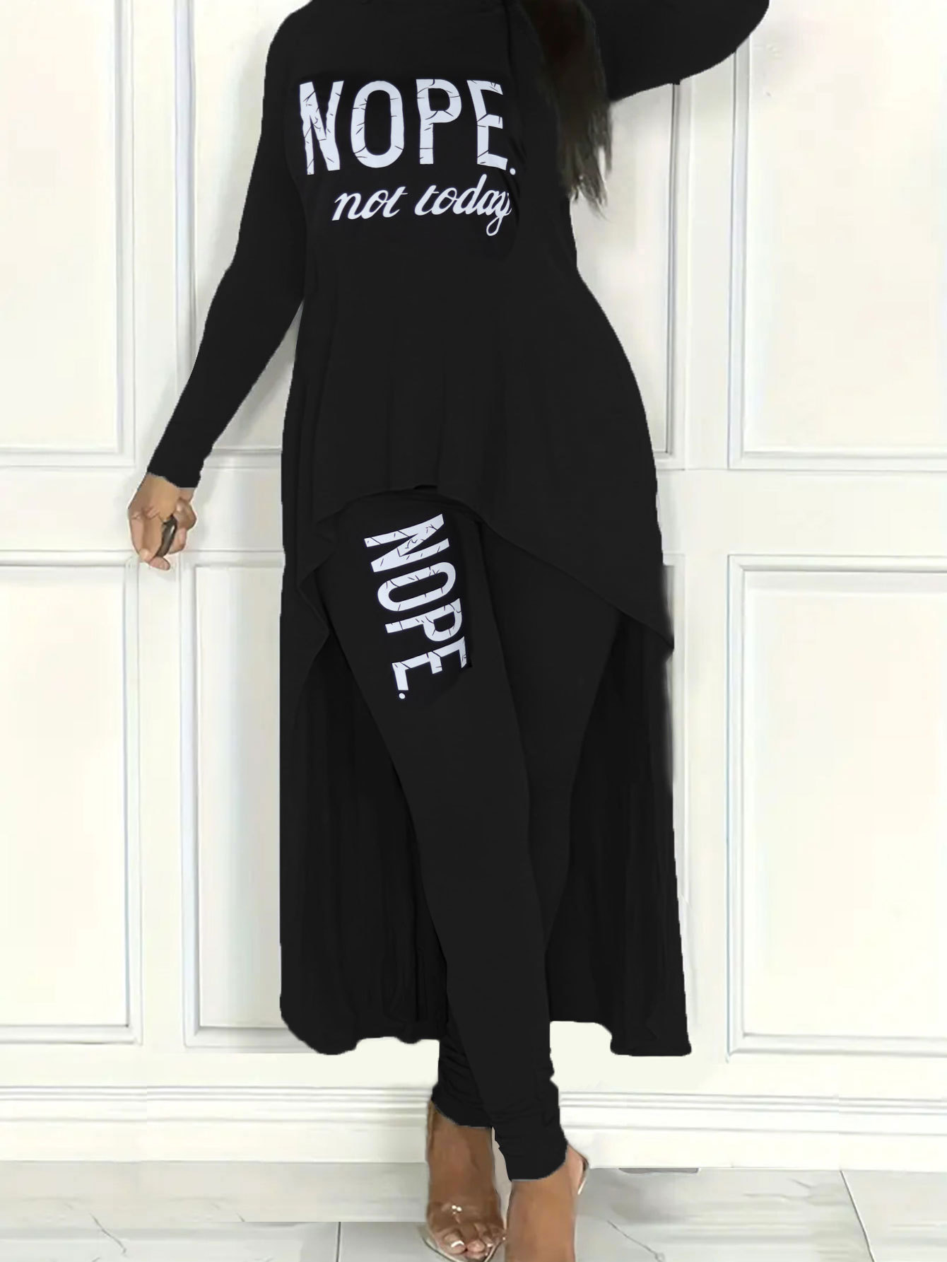 Women's Autumn Winter Letter Print Asymmetric Long Sleeve Top and Tight Fitting Pants Two-Piece Set