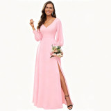 Women V-Neck Long-Sleeve Slash Solid Maxi Dress