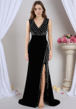 Women V-neck Rhinestone-embellished Formal Party Slit Maxi Dress
