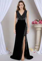 Women V-neck Rhinestone-embellished Formal Party Slit Maxi Dress