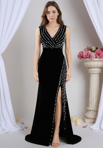 Women V-neck Rhinestone-embellished Formal Party Slit Maxi Dress