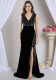 Women V-neck Rhinestone-embellished Formal Party Slit Maxi Dress