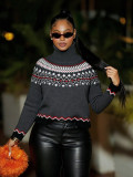 Women Autumn/Winter High-neck Jacquard Color-blocked Knitting Top Sweater