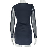 Women Solid Floral Slash Shoulder Mesh Long-Sleeve Asymmetrical Bodycon Dress