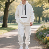 Men's Winter American Style Fleece-lined Casual Sporty Pocket Hoodies and Pant Two-Piece Set