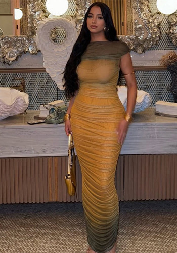 Women Color Block Pleated Off-Shoulder Gradient Bodycon Dress