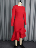 Women African Round Neck Long Sleeve Irregular Ruffle Fishtail Party Dress