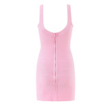 Women Summer French Style Sleeveless Solid Stretchy Waist-cinching Knitting Dress