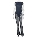Women Sexy Solid Backless Round Neck Mesh Jumpsuit