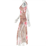 Women's Patchwork Leopard Print Slash Shoulder Asymmetric Slit Dress