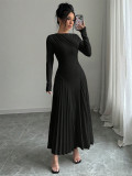 Women Long-Sleeved Knitting Pleated Elegant Maxi Dress