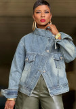 Women Washed Stand Collar Denim Jacket