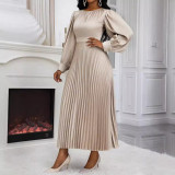 Women Waist-cinching Long-Sleeved Pleated Dress