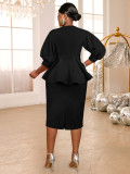 Plus Size Women Black V-Neck Puff Sleeve Ruffle Top and Skirt Two-Piece Set
