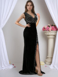 Women V-neck Rhinestone-embellished Formal Party Slit Maxi Dress