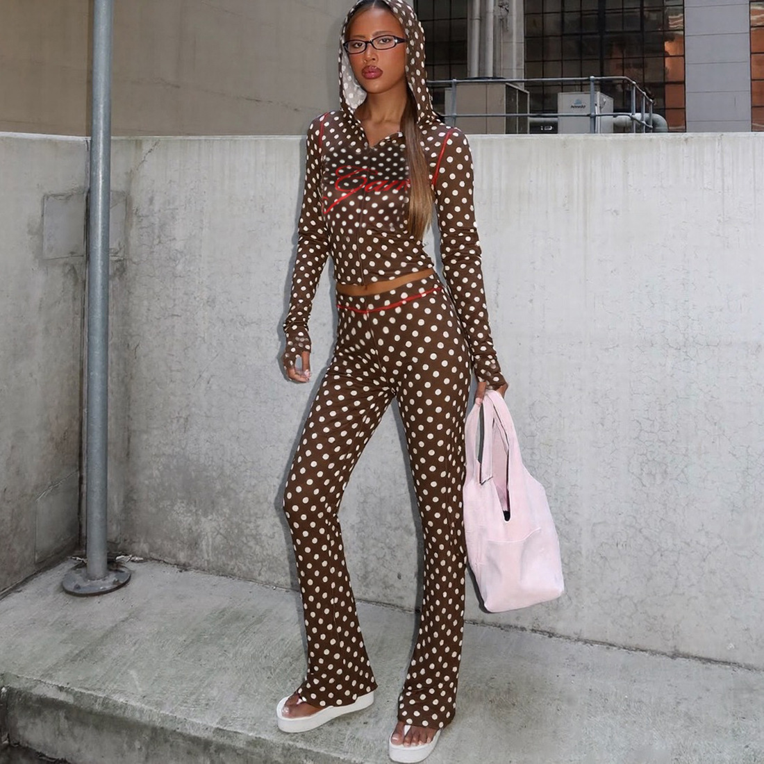 Women's Autumn Winter Polka Dot Letter Print Sexy Crop Hoodie and Pants Set