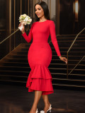 Women African Round Neck Long Sleeve Irregular Ruffle Fishtail Party Dress