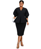 Plus Size Women Black V-Neck Puff Sleeve Ruffle Top and Skirt Two-Piece Set