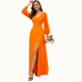 Women V-Neck Long-Sleeve Slash Solid Maxi Dress