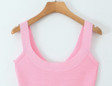 Women Summer French Style Sleeveless Solid Stretchy Waist-cinching Knitting Dress