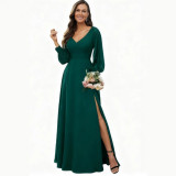 Women V-Neck Long-Sleeve Slash Solid Maxi Dress
