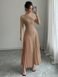 Women Long-Sleeved Knitting Pleated Elegant Maxi Dress